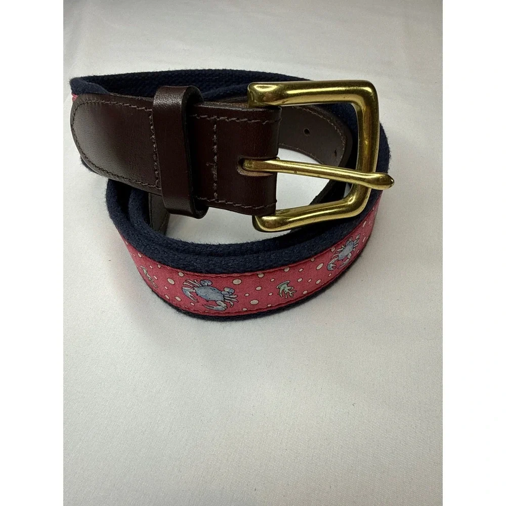 Vineyard Vines Mens Size 38 Navy Blue Red Crab Silk Canvas Leather Belt USA Made